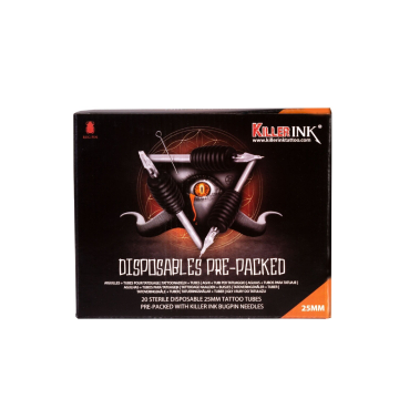 20 stk. Assortert Blanding Killer Ink engangsgrep/Tip 25mm Tubes komplett med Bug Pin 0.25mm tatoveringsnål
