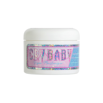 Crybaby Glide 240 ml vegan moisturizer in white jar with holographic label