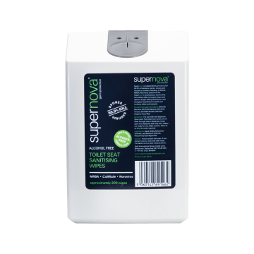 Supernova toilet seat wipe dispenser with alcohol free sanitising wipes packaging