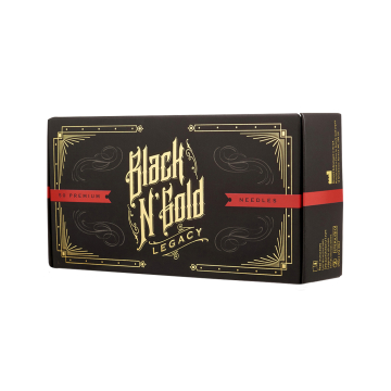 Eske med 50 Black N Gold Legacy Premium tatoveringsnåler - Round Shader