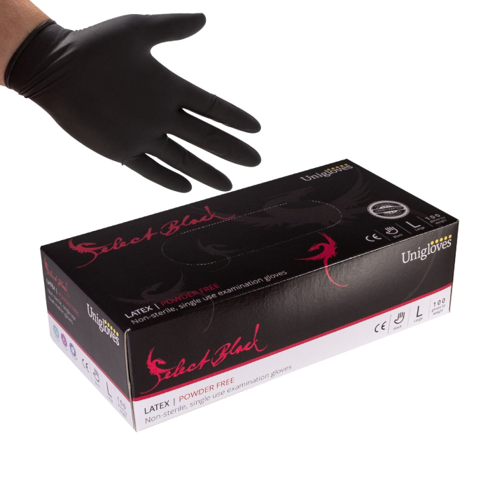 Box of 100 Unigloves Select Black latex powder free gloves with hand wearing glove.