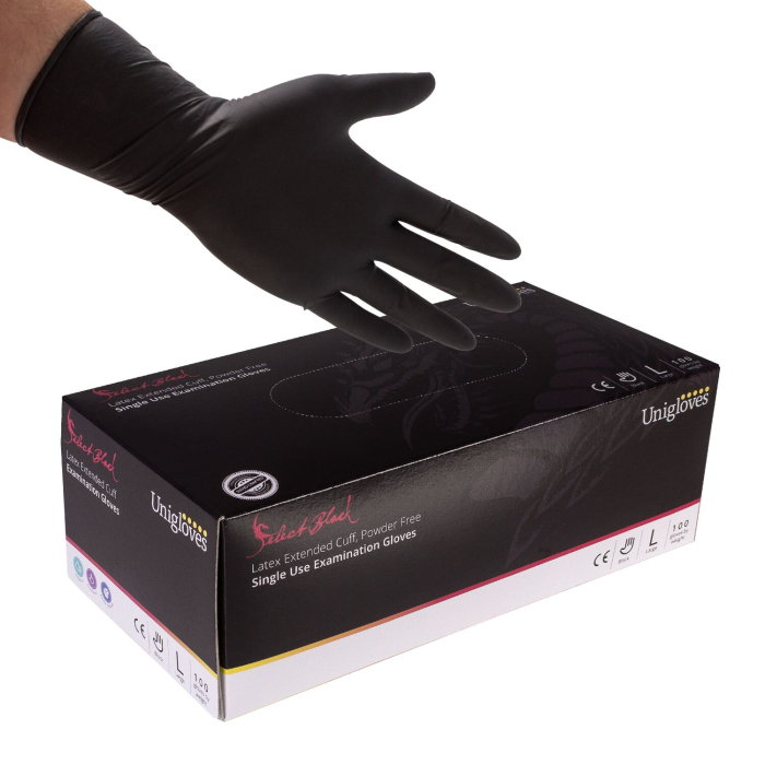 Box of Unigloves long cuff black latex single use examination gloves with a hand wearing the glove.