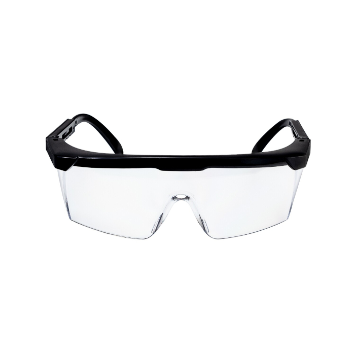 Les lunettes de sécurité réglables sont transparentes avec une monture noire, présentées de face sur fond blanc.