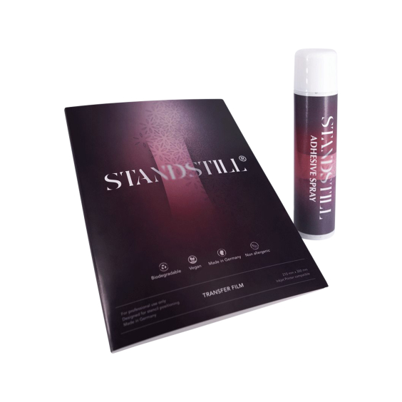 Eske med 25 StandStill Transfer Film og selvklebende sjablongspray