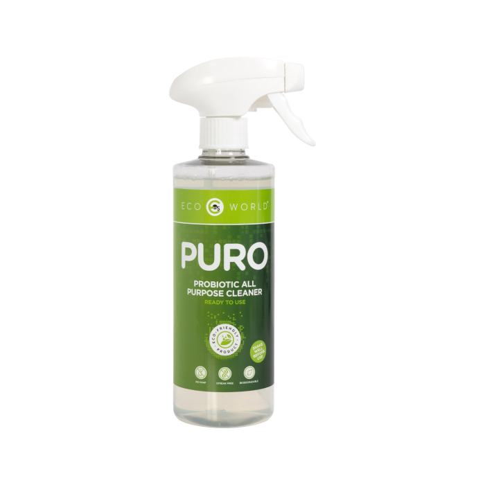 Un flacon pulvérisateur transparent étiqueté Eco World Puro Probiotic – Nettoyant tout usage prêt à l’emploi, avec une étiquette verte écologique et un embout à gâchette blanc.