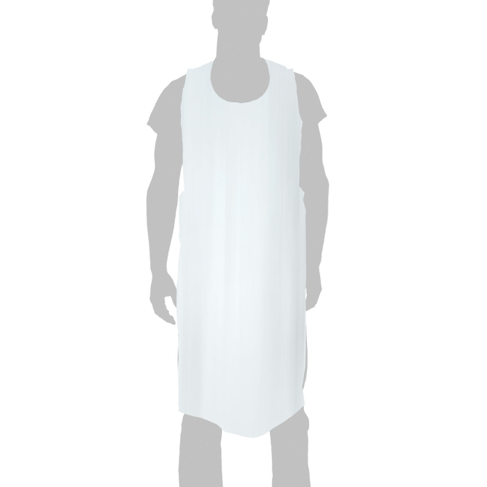 Silhouette d’une personne portant la boîte de 100 tabliers jetables imperméables Killer Beauty : tabliers blancs unis, sans manches, longs jusqu’aux genoux, sur fond blanc.